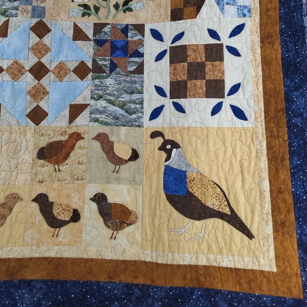 Handmade Patchwork Quilt Quail Bird Woodland Blue Brown Rustic Country Throw